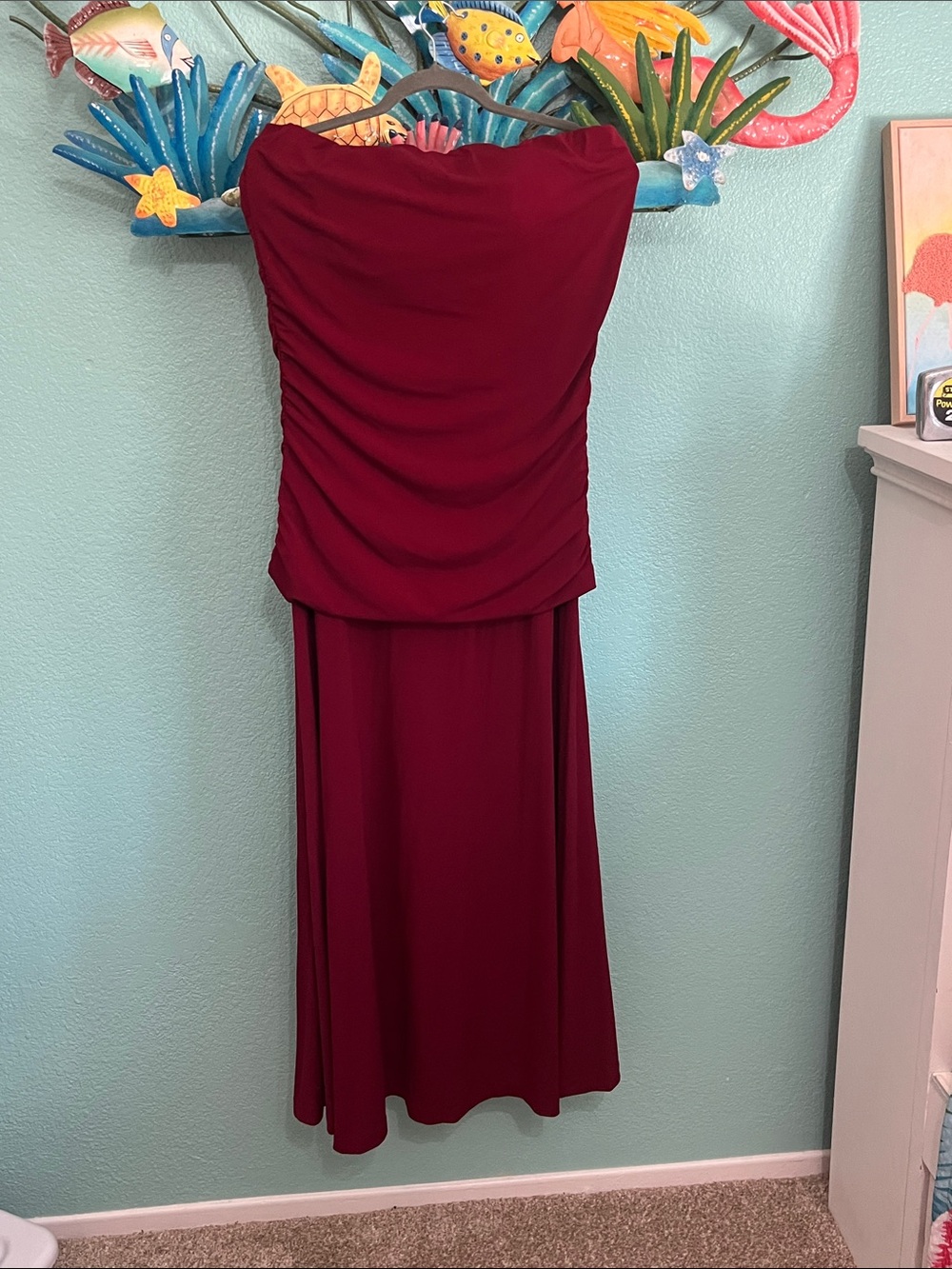 Newport News Strapless Burgundy Red Ruched Dress